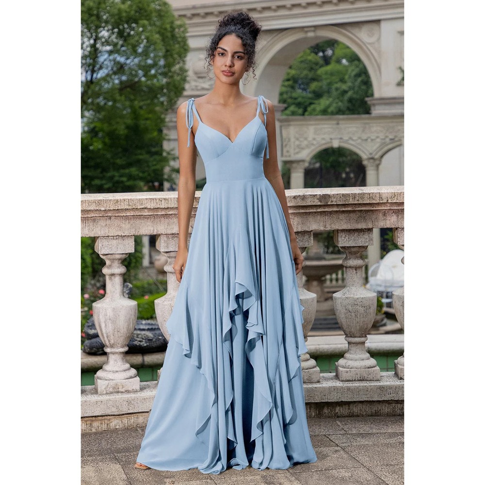 Wedtrend Blue Chiffon Ruffle High Low Maxi Formal Dress US 12 Tie Strap V-Neck